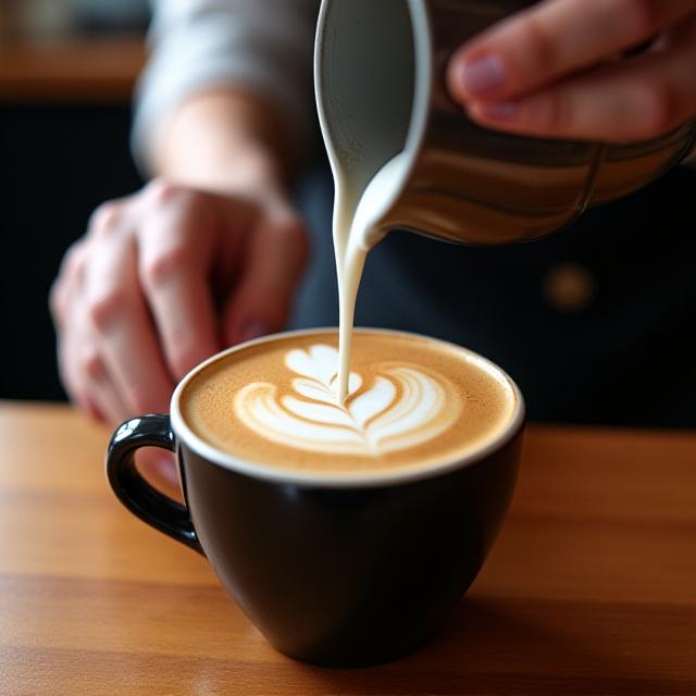 Barista vertiendo leche en un latte art con precisión