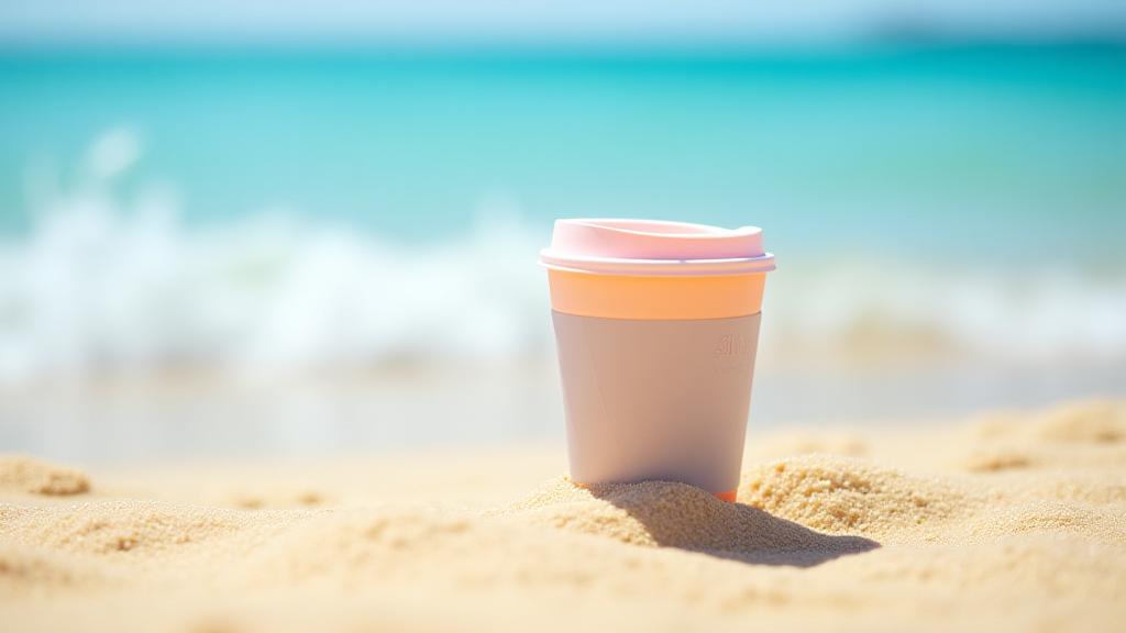 Vaso de café para llevar en la arena de la playa junto al mar