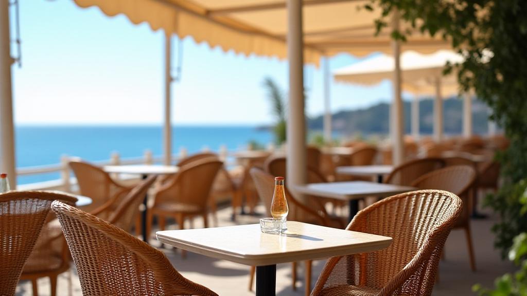 Terraza exterior de Costa Aroma con sillas de mimbre y vistas al mar